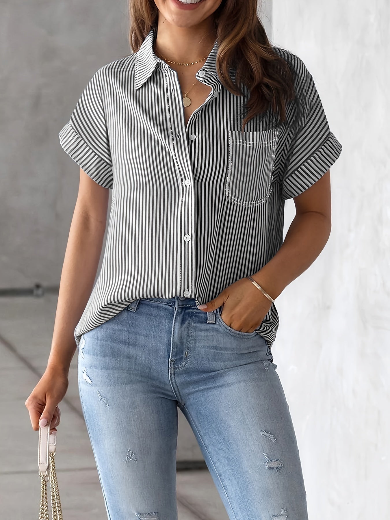 Lumié Vertical Striped Button-Up Shirt – Elegant Short Sleeve Blouse for Women